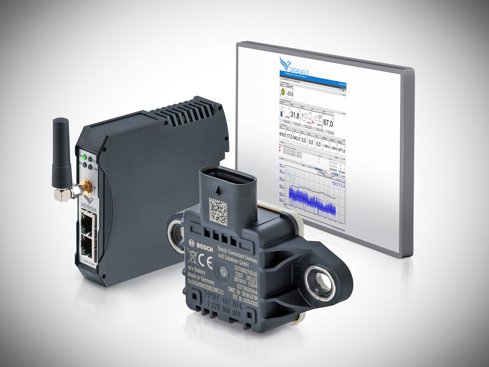 DATAEAGLE Condition Monitoring System - Datenfunkmodem, Bosch Multisensor und DATAEAGLE Portal für die Fernüberwachung von Motoren und Maschinen